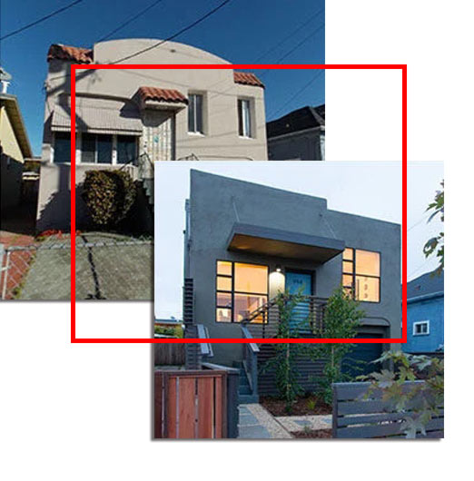 نمونه تصویر قبل و بعد بازسازی نمای ساختمان